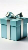 dévoilé bleu cadeau boîte, élégant blanc arc, isolé contre parfait blanc Contexte. verticale mobile fond d'écran ai généré photo