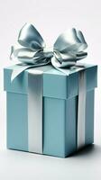 dévoilé bleu cadeau boîte, élégant blanc arc, isolé contre parfait blanc Contexte. verticale mobile fond d'écran ai généré photo