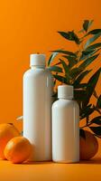 publicité toile de fond blanc cosmétique bouteilles contre Orange arrière-plan, offre gratuit espace pour texte. verticale mobile fond d'écran ai généré photo