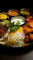 Indien le banquet poulet thali avec frit poulet, Oeuf curry, Lentilles, biryani, rôti, et sélectionner oignons verticale mobile fond d'écran ai généré photo