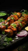 pimenter infusé délice Indien poulet tikka brochettes, mariné, rôti, avec vert chutney et oignons verticale mobile fond d'écran ai généré photo