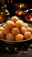 intemporel délice motichoor ladoo, une classique doux, encapsule traditionnel Indien les saveurs verticale mobile fond d'écran ai généré photo