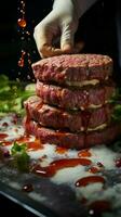 expert bouchers habilement transformer Viande dans l'eau à la bouche Hamburger galettes par méticuleux En traitement verticale mobile fond d'écran ai généré photo