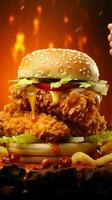 Jaune Contexte compléments le visuel séduire de Burger paire avec poulet et des légumes verticale mobile fond d'écran ai généré photo