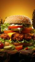 Burger avec poulet et légumes des stands en dehors sur une ensoleillé Jaune toile de fond verticale mobile fond d'écran ai généré photo