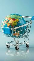 à l'échelle mondiale achats concept chariot mis sur une bleu globe surface représente global Commerce. verticale mobile fond d'écran ai généré photo