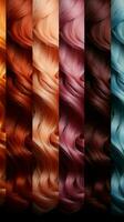 Couleur spectre assortiment vitrines différent cheveux teinture nuances aux côtés de Naturel cheveux Couleur échantillons verticale mobile fond d'écran ai généré photo