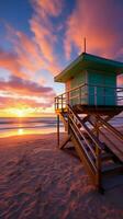 coloré Aube sauveteur la tour, Sud plage littoral, et Azur ciel peindre Miami beauté verticale mobile fond d'écran ai généré photo