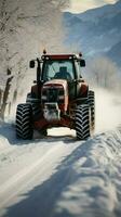 après le tempête de neige, une tracteur avec diligence efface le route, création une passage. verticale mobile fond d'écran ai généré photo