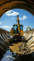 sol les fouilles puissant chenille excavatrice travaux sur construction placer, par grand béton tuyau. verticale mobile fond d'écran ai généré photo