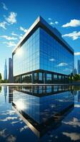 moderne affaires centre sous clair bleu ciel, une réflexion de entreprise avancement. verticale mobile fond d'écran ai généré photo