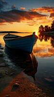serein le coucher du soleil grâces rivière comme pêche bateau trouve tranquillité sur ses des eaux. verticale mobile fond d'écran ai généré photo