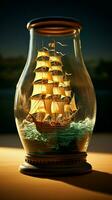 minuscule marin navire bouteille capture maritime merveille dans une délicat verre lié navire verticale mobile fond d'écran ai généré photo