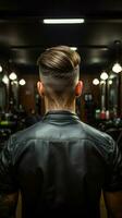 barbiers compétence arrière vue de mâles la Coupe de cheveux, Contexte artistiquement délavé verticale mobile fond d'écran ai généré photo
