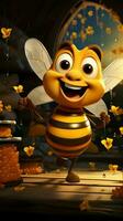 dessin animé abeille sur ruche, agitant à côté de mon chéri bocaux, abeilles dans vol charmant campagne scène verticale mobile fond d'écran ai généré photo