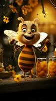 de bonne humeur abeille penche sur ruche, agitant au milieu de mon chéri bocaux, abeilles monter en flèche capricieux campagne verticale mobile fond d'écran ai généré photo