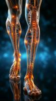 détaillé 3d médical chiffre, mise en lumière le genou et la cheville des os de Masculin physiologie verticale mobile fond d'écran ai généré photo