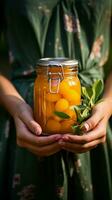 fait maison végétalien abricot confiture tenue dans doux mains une pot de pur la bonté verticale mobile fond d'écran ai généré photo