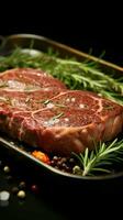 préparé angus jambe steak avec Romarin sur acier poêle, fermer pour culinaire délice verticale mobile fond d'écran ai généré photo