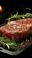 préparé angus jambe steak avec Romarin sur acier poêle, fermer pour culinaire délice verticale mobile fond d'écran ai généré photo