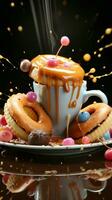 éclaboussure compléments des pâtisseries autour une café tasse, création une confiserie visuel traiter verticale mobile fond d'écran ai généré photo