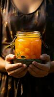 végétalien abricot Confiture, ouvré avec se soucier, niché dans mains une fait maison délice verticale mobile fond d'écran ai généré photo