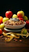 équilibré nutrition assiette de pommes, des noisettes, mesure ruban transmet en bonne santé en mangeant et aptitude verticale mobile fond d'écran ai généré photo