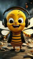 abeille personnages Roche écouteurs, crayon prêt, comme elles ou ils dire salut Créatif camaraderie fleurit verticale mobile fond d'écran ai généré photo