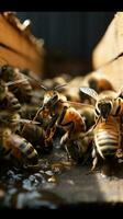 les abeilles entrée et sortie de urticaire en bois entrée natures animé rue verticale mobile fond d'écran ai généré photo