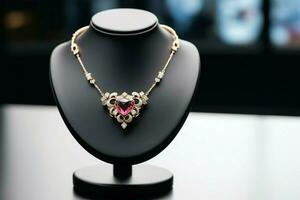 exquis Collier repose sur une bijoux rester, mettant en valeur ses luxueux élégance ai généré photo