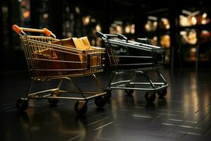 noir Vendredi achats chariots rempli avec une diverse tableau de réduit des produits ai généré photo