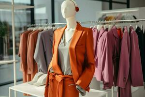 mannequins dans le vêtements boutique afficher branché tenues à inspirer soucieux de la mode les acheteurs ai généré photo