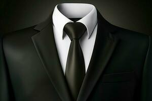 une réaliste noir costume, coton chemise, et élégant attacher dans isolé présentation ai généré photo