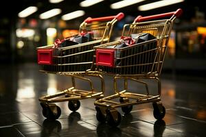 noir Vendredi promotions dans plein balançoire avec spécial achats chariots pour les acheteurs ai généré photo