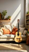 une guitare orne le moderne, attrayant intérieur de le confortable vivant chambre. verticale mobile fond d'écran ai généré photo