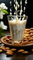 une captivant vue amandes gracieusement plonger dans une Lait rempli tasse, enchanteur beauté verticale mobile fond d'écran ai généré photo