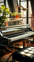 électronique piano grâces un intérieur chambre, mélange dans une apaisant, flou Contexte. verticale mobile fond d'écran ai généré photo