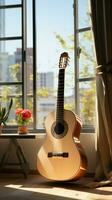 une classique guitare grâces une moderne ville appartement, pontage époques avec élégance. verticale mobile fond d'écran ai généré photo