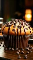 l'eau à la bouche Chocolat puce muffin, une délectable traiter pour votre goût bourgeons verticale mobile fond d'écran ai généré photo