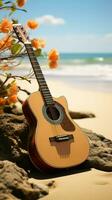 la musique se rencontre la nature comme un acoustique guitare harmonise avec le tranquille sable. verticale mobile fond d'écran ai généré photo