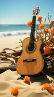 la musique se rencontre la nature comme un acoustique guitare harmonise avec le tranquille sable. verticale mobile fond d'écran ai généré photo