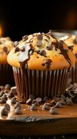 une délicieux mélange de Chocolat et muffin le bien-aimée Chocolat puce muffin verticale mobile fond d'écran ai généré photo