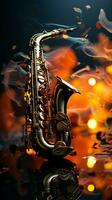 saxophone lueur avec d'or mélodies au milieu de une vibrant mer de musical Remarques. verticale mobile fond d'écran ai généré photo