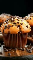 une délicieux mélange de Chocolat et muffin le bien-aimée Chocolat puce muffin verticale mobile fond d'écran ai généré photo