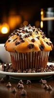 une délicieux mélange de Chocolat et muffin le bien-aimée Chocolat puce muffin verticale mobile fond d'écran ai généré photo