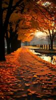 doré, orange, et rouge feuilles orner le chemin dans une pittoresque parc verticale mobile fond d'écran ai généré photo