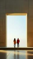 arrière vue de une couple regarder à une Vide mur ensemble verticale mobile fond d'écran ai généré photo