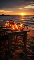 romantique plage dîner à coucher de soleil, en quittant pièce pour votre spécial message verticale mobile fond d'écran ai généré photo