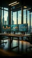Stock marché échange concept dans un vide les commerçants Bureau avec verre des murs verticale mobile fond d'écran ai généré photo