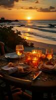 le coucher du soleil bord de mer dîner une romantique installer verticale mobile fond d'écran ai généré photo